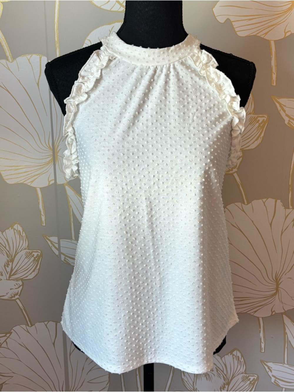 White Textured Ruffle-Trim High Neck Tank Top